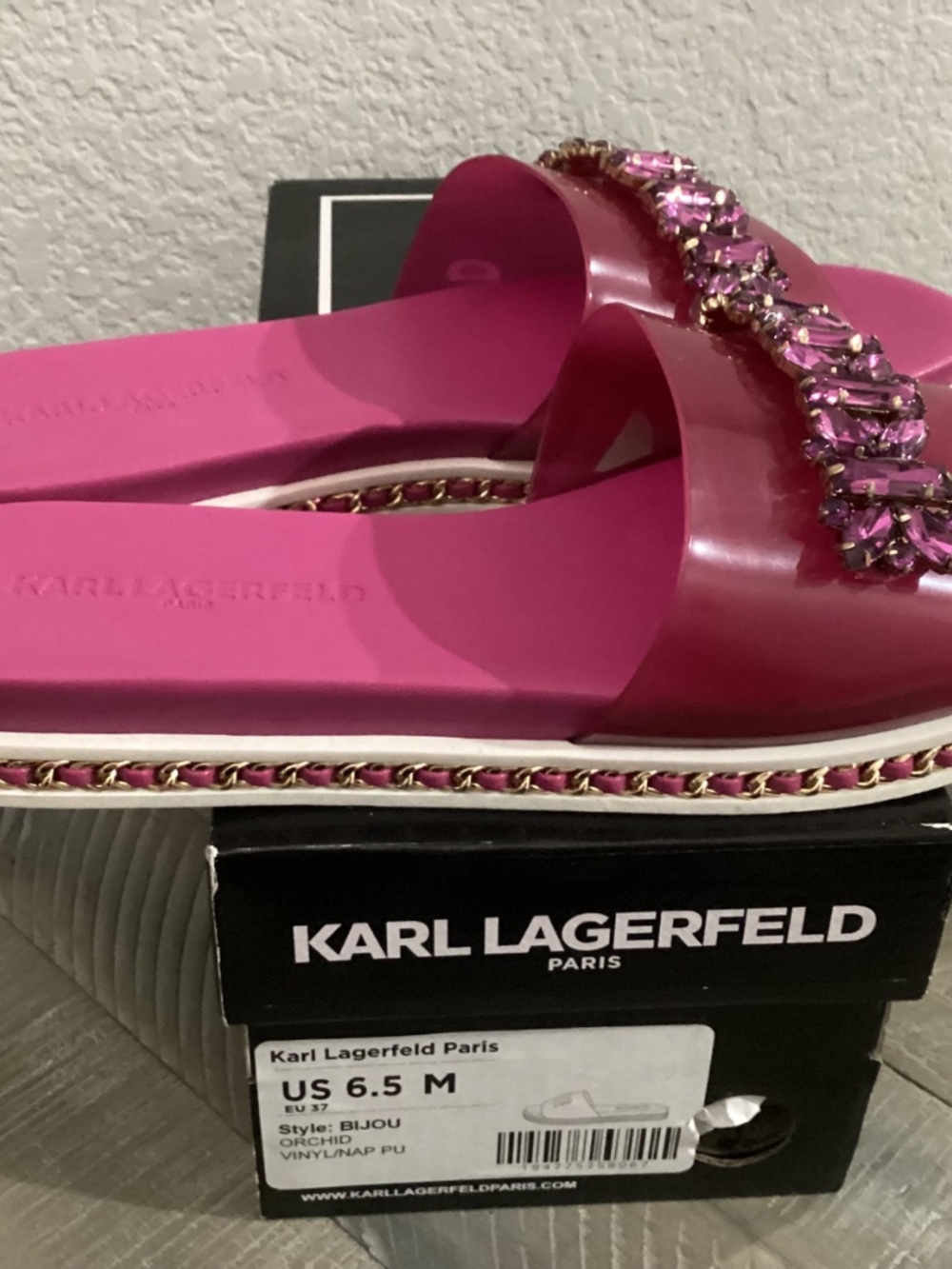 KARL LAGERFELD PARIS Women's Bijou Embellished Slide Sandals - Picture 8 of 16